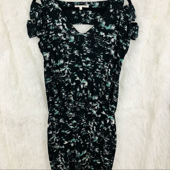 BCBGeneration black with teal and white pattern multicolor keyhole v neck midi - Picture 6 of 13